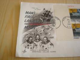 First Man on the Moon 1969 USA ensipäiväkuori FDC neljällä postimerkillä, postimerkkiarkin kulmapala, minulla on myynnissä myös kolme muuta kuorta jossa