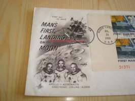 First Man on the Moon 1969 USA ensipäiväkuori FDC neljällä postimerkillä, postimerkkiarkin kulmapala, minulla on myynnissä myös kolme muuta kuorta jossa