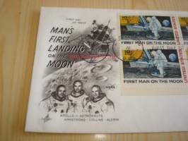 First Man on the Moon 1969 USA ensipäiväkuori FDC neljällä postimerkillä, postimerkkiarkin kulmapala, minulla on myynnissä myös kolme muuta kuorta jossa