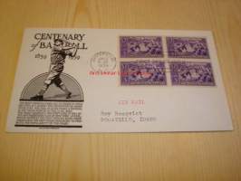 Centenary of Baseball 1839-1939 USA ensipäiväkuori FDC neljällä postimerkillä
