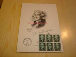 Presidentti Thomas Jefferson 1968 USA maxi-ensipäiväkortti FDC kuudella postimerkillä