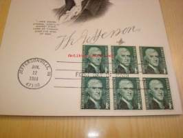Presidentti Thomas Jefferson 1968 USA maxi-ensipäiväkortti FDC kuudella postimerkillä