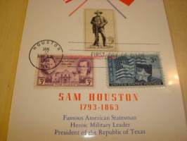 Texasin presidentti Sam Houston 1964 USA maxi-ensipäiväkortti FDC kolmella erilaisella postimerkillä