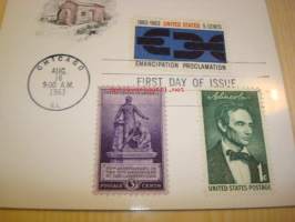 Presidentti Lincoln The Emancipation Proclamation 1963 USA maxi-ensipäiväkortti FDC kolmella erilaisella postimerkillä