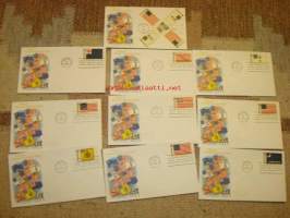 10 erilaista Flags of American Colonial Days 1968 USA ensipäiväkuoret FDC yhdessä kuoressa 5 postimerkkiä