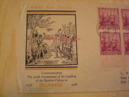 New Sweden Colony in Delaware 300th Anniversary 1638-1938 USA ensipäiväkuori FDC Ruotsin ja Suomen siirtokunnan matka Pohjois-Amerikkaan, minulla on myös vuoden