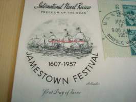 International Naval Review 1607-1957 USA ensipäiväkuori FDC Jamestown Festival, neljällä postimerkillä