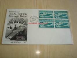 International Naval Review 1607-1957 USA ensipäiväkuori FDC Jamestown Festival, neljällä postimerkillä U.S.S. Saratoga