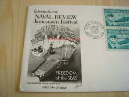 International Naval Review 1607-1957 USA ensipäiväkuori FDC Jamestown Festival, neljällä postimerkillä U.S.S. Saratoga