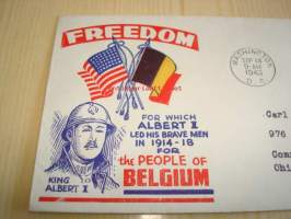 WWII, 2. maailmansota, miehitetyt valtiot: Belgia 1943 USA ensipäiväkuori FDC Overrun Country, lähetetty amerikansuomalaiselle: Carl T. Lemponen, Ohio.
