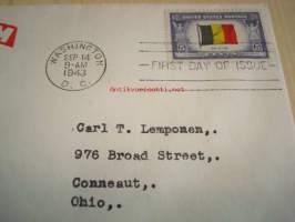 WWII, 2. maailmansota, miehitetyt valtiot: Belgia 1943 USA ensipäiväkuori FDC Overrun Country, lähetetty amerikansuomalaiselle: Carl T. Lemponen, Ohio.