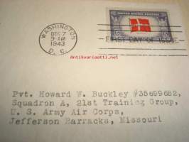 WWII, 2. maailmansota, miehitetyt valtiot: Puola 1943 USA ensipäiväkuori FDC Overrun Country, lähetetty: Pvt. Howard W. Buckley, Squadron A, 21st Training Group,