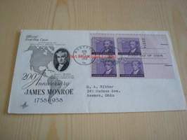 Presidentti James Monroe 1958 USA ensipäiväkuori FDC