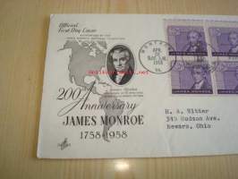 Presidentti James Monroe 1958 USA ensipäiväkuori FDC