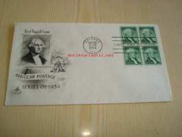 Presidentti George Washington 1954 USA ensipäiväkuori FDC neljällä postimerkillä