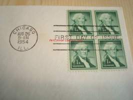 Presidentti George Washington 1954 USA ensipäiväkuori FDC neljällä postimerkillä