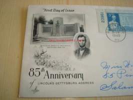 Presidentti Abraham Lincoln 1948 USA ensipäiväkuori FDC kahdella postimerkillä