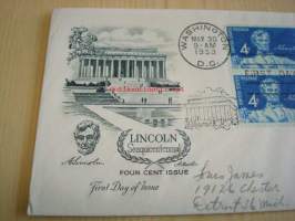Presidentti Abraham Lincoln 1959 USA ensipäiväkuori FDC neljällä postimerkillä