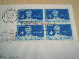 Presidentti Abraham Lincoln 1959 USA ensipäiväkuori FDC neljällä postimerkillä