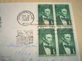 Presidentti Abraham Lincoln 1959 USA ensipäiväkuori FDC neljällä postimerkillä