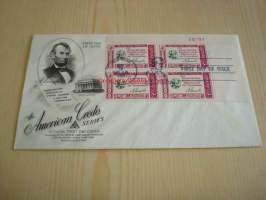 Presidentti Abraham Lincoln 1960 USA ensipäiväkuori FDC neljällä postimerkillä