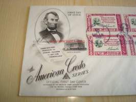 Presidentti Abraham Lincoln 1960 USA ensipäiväkuori FDC neljällä postimerkillä