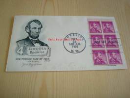 Presidentti Abraham Lincoln 1958 USA ensipäiväkuori FDC kuudella postimerkillä