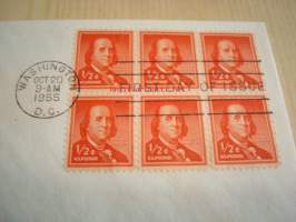 Presidentti Benjamin Franklin 1955 USA ensipäiväkuori FDC kuudella postimerkillä