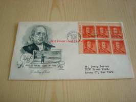 Presidentti Benjamin Franklin 1955 USA ensipäiväkuori FDC kuudella postimerkillä