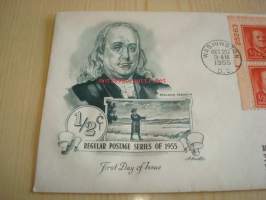 Presidentti Benjamin Franklin 1955 USA ensipäiväkuori FDC kuudella postimerkillä