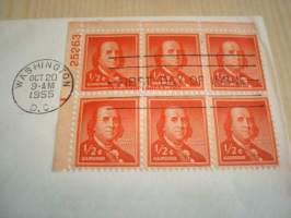 Presidentti Benjamin Franklin 1955 USA ensipäiväkuori FDC kuudella postimerkillä