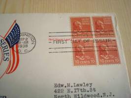 Presidentti John Tyler 1938 USA ensipäiväkuori FDC Presidential Series neljällä postimerkillä