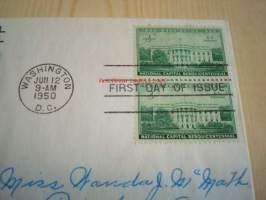 Ensimmäinen valkoinen talo 1800, Washington 1950 USA ensipäiväkuori FDC kahdella postimerkillä