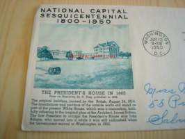 Ensimmäinen valkoinen talo 1800, Washington 1950 USA ensipäiväkuori FDC kahdella postimerkillä