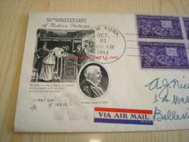 50th Anniversary of Motion Pictures 1944 USA ensipäiväkuori FDC neljällä postimerkillä, Thomas Alva Edison