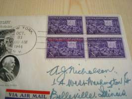 50th Anniversary of Motion Pictures 1944 USA ensipäiväkuori FDC neljällä postimerkillä, Thomas Alva Edison