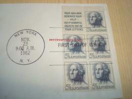 George Washington 1962 USA ensipäiväkuori FDC viidellä postimerkillä