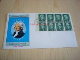 Presidentti Thomas Jefferson 1968 USA ensipäiväkuori FDC kahdeksalla postimerkillä