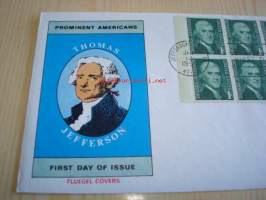 Presidentti Thomas Jefferson 1968 USA ensipäiväkuori FDC kahdeksalla postimerkillä