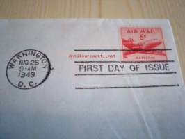 Air Mail vapaudenpatsas ja lentokone 1949 USA ensipäiväkuori FDC