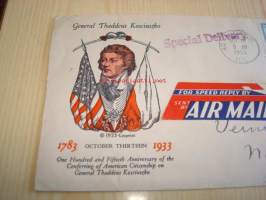 Kenraali Thaddeus Kosciuszko 1933 USA ensipäiväkuori FDC neljällä postimerkillä Air Mail Special Delivery