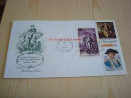 Kenraali George Washington 1977 USA ensipäiväkuori FDC kolmella postimerkillä mm. Monacon ja Dominican postimerkit George Washingtonista