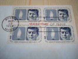 Presidentti John F. Kennedy 1964 USA ensipäiväkuori FDC neljällä postimerkillä