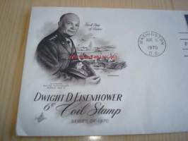 Kenraali ja presidentti Dwight D. Eisenhower 1970 USA ensipäiväkuori FDC kahdella postimerkillä, 2. maailmansota, WWII