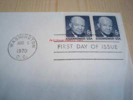 Kenraali ja presidentti Dwight D. Eisenhower 1970 USA ensipäiväkuori FDC kahdella postimerkillä, 2. maailmansota, WWII