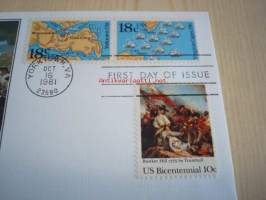 Battle of Bunker Hill 1981 USA FDC ensipäiväkuori kolmella erilaisella postimerkillä
