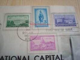 National Capital Washington 1950 USA ensipäiväkuori FDC neljällä erilaisella postimerkillä, huom. kuoren koko on noin 15 cm x 23 cm, hieno.