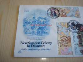 New Sweden Colony in Delaware 350th Anniversary 1638-1988 USA ensipäiväkuori FDC Ruotsin ja Suomen siirtokunnan matka Pohjois-Amerikkaan, minulla on myös useita