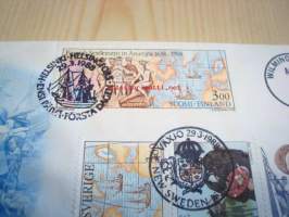 New Sweden Colony in Delaware 350th Anniversary 1638-1988 USA ensipäiväkuori FDC Ruotsin ja Suomen siirtokunnan matka Pohjois-Amerikkaan, minulla on myös useita