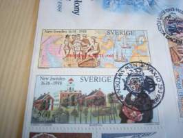 New Sweden Colony in Delaware 350th Anniversary 1638-1988 USA ensipäiväkuori FDC Ruotsin ja Suomen siirtokunnan matka Pohjois-Amerikkaan, minulla on myös useita